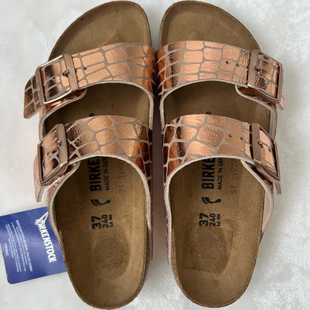 Birkenstock Arizona Metallic Rose Gold Croc-Embossed Sandals